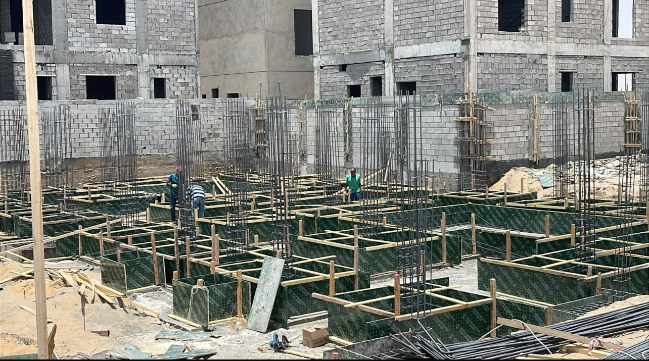 Foundation formwork and reinforcement under construction